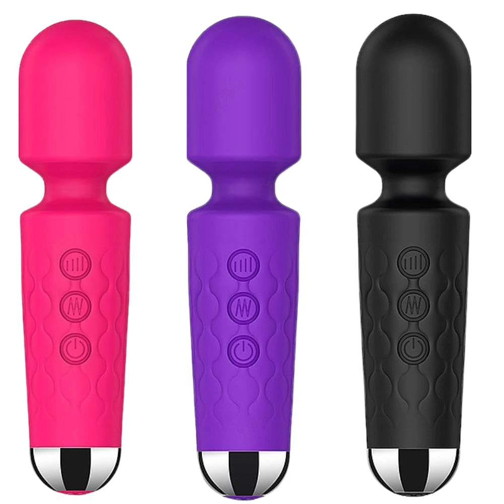 Três mini varinhas Stacy nas cores rosa, roxa e preta, com três botões circulares no cabo, sobre fundo branco.