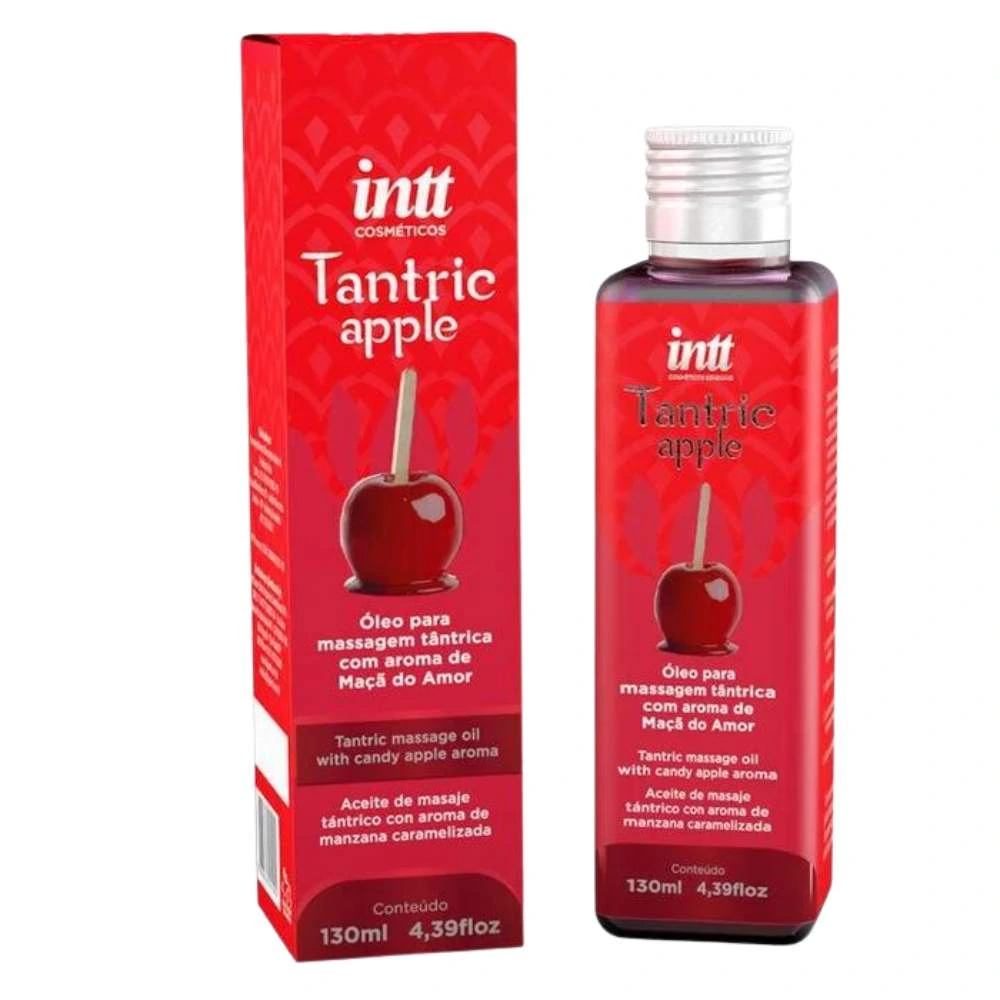 Caixa vermelha e frasco de Tantric Apple Intt 130ml, com ilustração de maçã do amor e tampa prateada, sobre fundo branco.