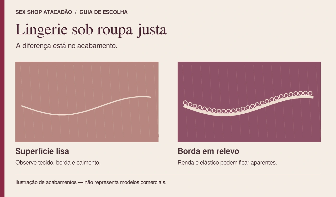 Ilustração editorial comparando uma superfície lisa com uma borda em relevo para escolher lingerie sob roupa justa; não representa modelos comerciais.